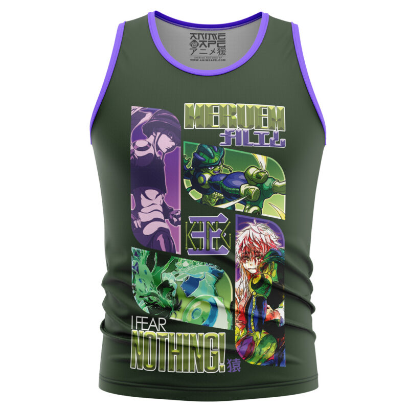 A dark green Gon Freecss V2 Hunter x Hunter Streetwear Tank Top with purple trim, vibrant anime-style graphics, and bold text reading MERUEM and I FEAR NOTHING! in colorful fonts on the front.