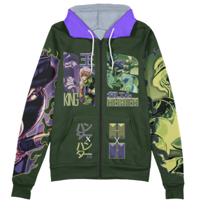 The Gon Freecss V2 Hunter x Hunter Zip Hoodie Jacket features green and purple colors, anime-style illustrations of Gon, Japanese text, and bold graphics on the front, sleeves, and hood.