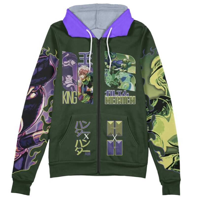 The Gon Freecss V2 Hunter x Hunter Zip Hoodie Jacket features green and purple colors, anime-style illustrations of Gon, Japanese text, and bold graphics on the front, sleeves, and hood.