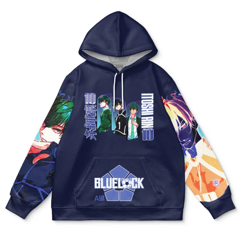 The Isagi Yoichi V2 Blue Lock Streetwear Hoodie is a navy blue hoodie with vibrant anime character portraits, bold text, and graphic elements from the Blue Lock series, plus the BLUELOCK logo on the front and sleeves.