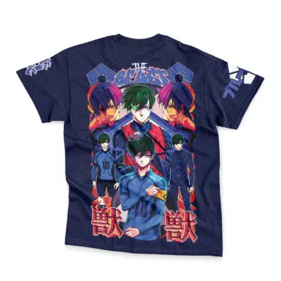 The Isagi Yoichi V2 Blue Lock Streetwear T-Shirt features a navy blue base with five anime-style characters in dynamic sports poses, each sporting vibrant hair and intense expressions. Bold Japanese text is printed on the back.