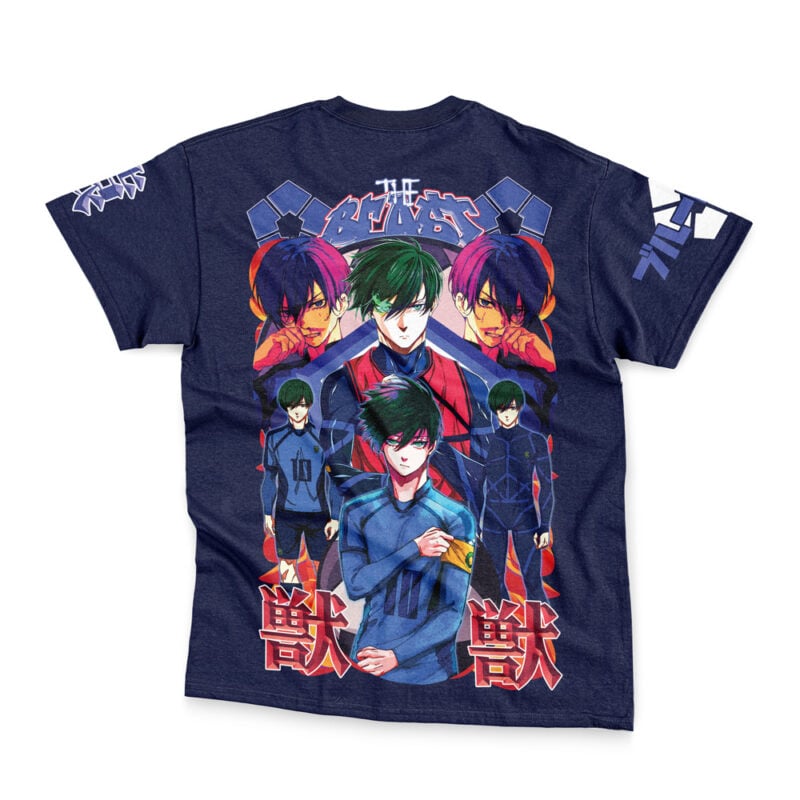 The Isagi Yoichi V2 Blue Lock Streetwear T-Shirt features a navy blue base with five anime-style characters in dynamic sports poses, each sporting vibrant hair and intense expressions. Bold Japanese text is printed on the back.