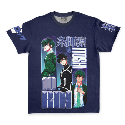 Navy blue Isagi Yoichi V2 Blue Lock Streetwear T-Shirt with three anime-style green-haired characters, bold white and turquoise "RIN ITOSHI 10" text, Japanese characters, and sleeve graphics.