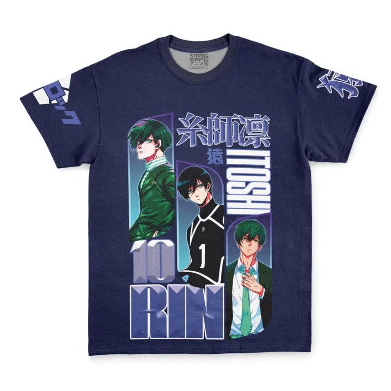 Navy blue Isagi Yoichi V2 Blue Lock Streetwear T-Shirt with three anime-style green-haired characters, bold white and turquoise "RIN ITOSHI 10" text, Japanese characters, and sleeve graphics.