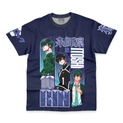 The Isagi Yoichi V2 Blue Lock Streetwear T-Shirt (Copy) is a navy blue tee with three anime characters, bold RIN, 10, and ITOSHI text, and Japanese characters on the chest and sleeves.