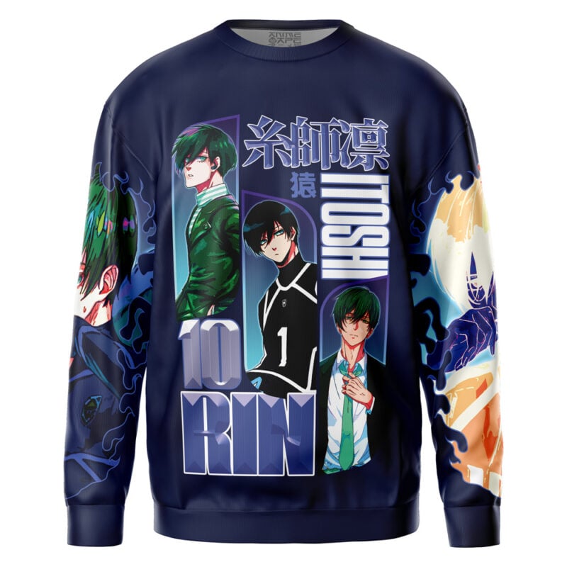 A navy blue sweatshirt featuring multiple illustrated images of Isagi Yoichi from Blue Lock in different outfits, with sporty graphic elements and text including "Isagi," "Yoichi," and the number 11.