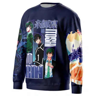 The Isagi Yoichi V2 Blue Lock Streetwear Sweatshirt is a navy blue anime-themed top featuring bold character illustrations, dynamic Japanese text, and vibrant designs on the sleeves and front.
