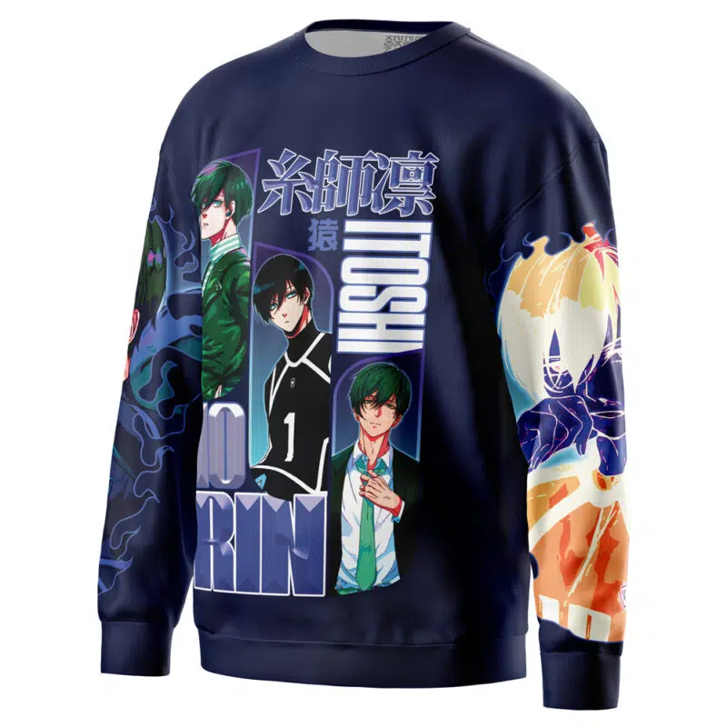 The Isagi Yoichi V2 Blue Lock Streetwear Sweatshirt is a navy blue anime-themed top featuring bold character illustrations, dynamic Japanese text, and vibrant designs on the sleeves and front.