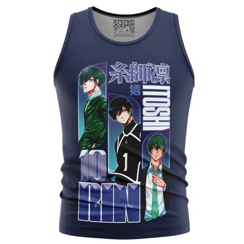 Navy blue tank top featuring three anime characters with dark green or black hair and white text, "Isagi Yoichi V2 Blue Lock Streetwear Tank Top.