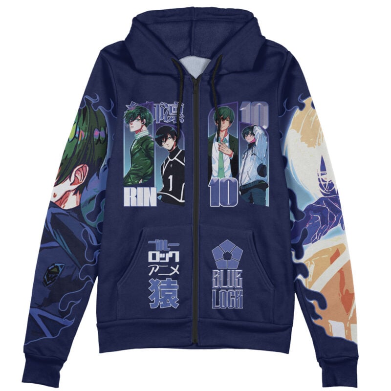 The Isagi Yoichi V2 Blue Lock Streetwear Zip Hoodie Jacket is a navy hoodie with vibrant anime-style Blue Lock character art, including Isagi, plus bold text, numbers, and graphic designs on the front and sleeves.