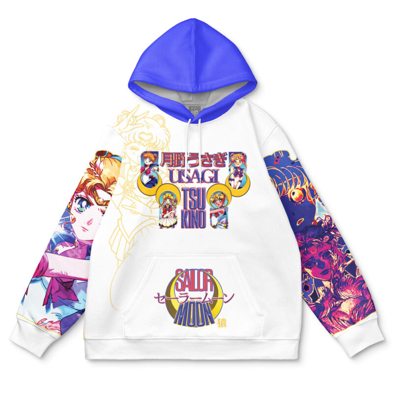 A vibrant Meruem Hunter x Hunter Streetwear Hoodie featuring bold anime graphics on the front and sleeves, Japanese and English text, a blue hood, and eye-catching purples, yellows, reds, with detailed illustrations.
