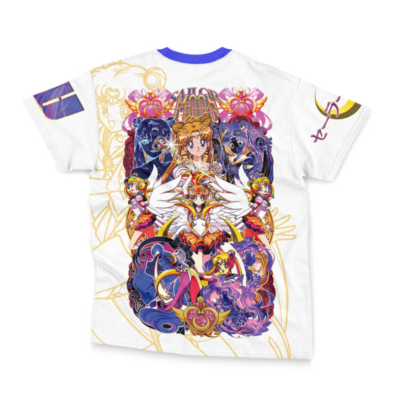 A white Gon Freecss V2 Hunter x Hunter Streetwear T-Shirt featuring colorful, detailed artwork of Gon Freecss on the back, with vibrant motifs and symbols inspired by the Hunter x Hunter series.