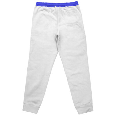 The Meruem Hunter x Hunter Streetwear Sweatpants feature a white design with a bright blue elastic waistband, cuffed ankles, and a clean back view without visible logos or patterns. Shown laid flat from the back.