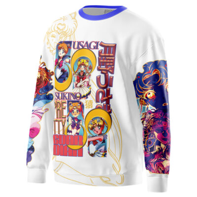 A white Meruem Hunter x Hunter streetwear sweatshirt featuring colorful anime-style illustrations, Japanese text, images of Meruem in various poses, and blue and gold graphic designs on the sleeves.