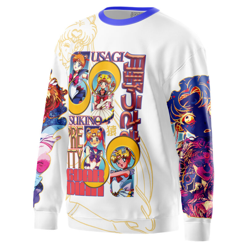 A white Meruem Hunter x Hunter streetwear sweatshirt featuring colorful anime-style illustrations, Japanese text, images of Meruem in various poses, and blue and gold graphic designs on the sleeves.