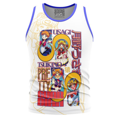 A white tank top with blue trim featuring the Meruem Hunter x Hunter Streetwear design and bold lettering.