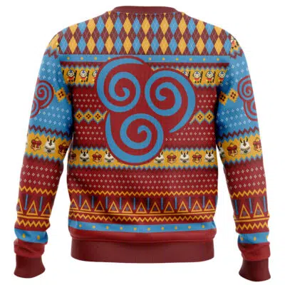 The Titan Eren Attack on Titan Ugly Christmas Sweater features vibrant red, blue, and yellow zigzags, diamonds, swirls, cartoon lion faces, and a bold triple spiral design on the back.