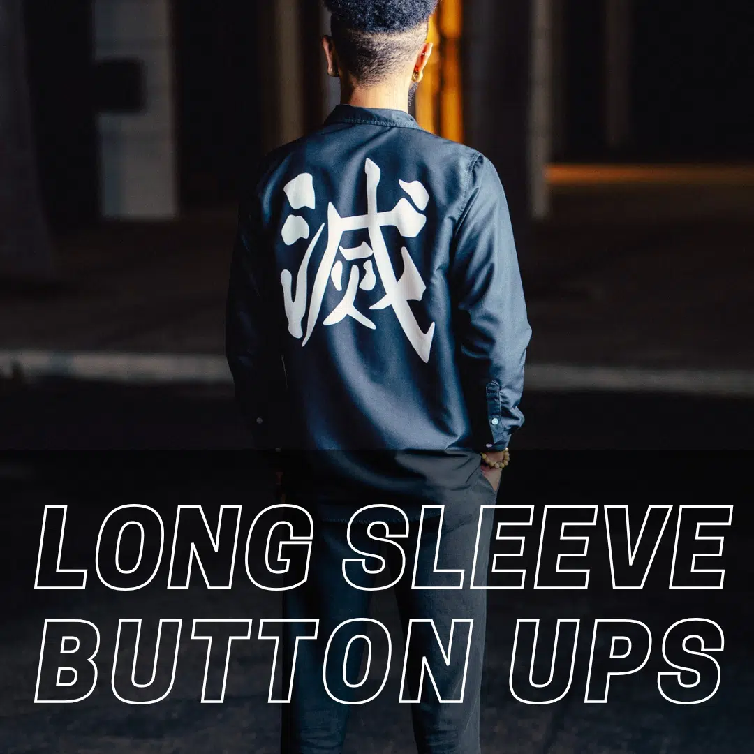 A person stands at night wearing a black long sleeve button-up shirt with large white Japanese characters on the back. Bold text across the bottom reads, “LONG SLEEVE BUTTON UPS.”.