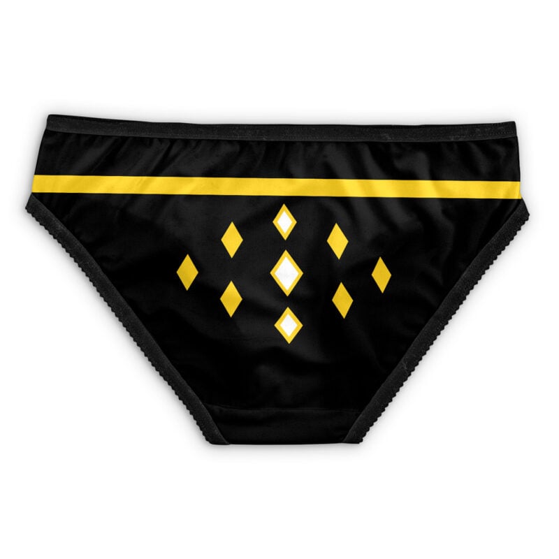 Bulbasaur Face Pokemon Panties (Copy) are black with a horizontal yellow stripe near the waistband and a symmetrical pattern of yellow and white diamond shapes on the front.