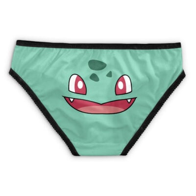 Green underwear with black trim featuring a cartoon Snorlax face, red eyes, a wide smiling mouth, and three dark forehead spots. Product Name: Snorlax Face Pokemon Panties (Copy).