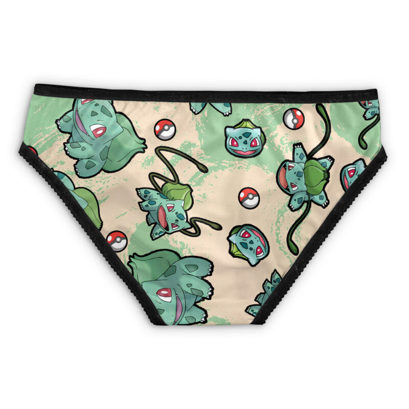 The Original Starters Pokemon Panties (Copy) are women’s underwear with a beige and green Bulbasaur and Poké Ball print, finished with black trim on the waistband and leg openings.