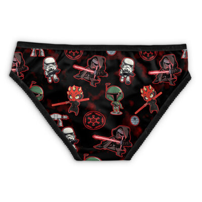 Darth Vader Star Wars Panties feature black fabric with cartoon villain prints—Darth Vader, Stormtrooper, Darth Maul, Kylo Ren, Boba Fett—and Star Wars symbols on a dark patterned background.