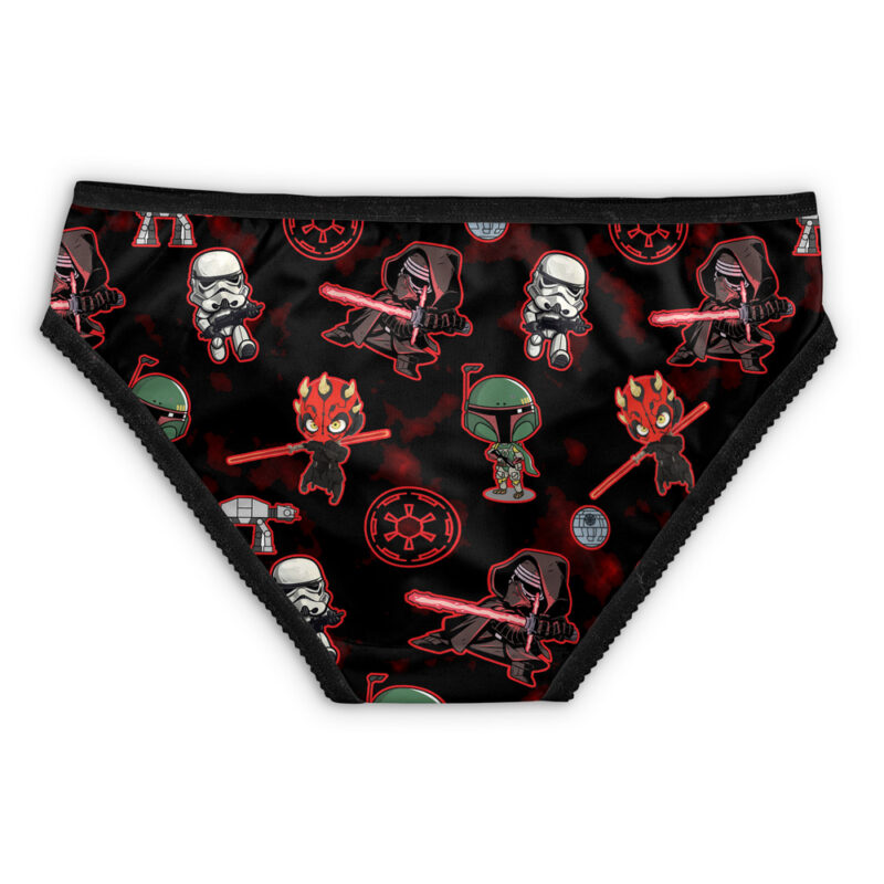 Darth Vader Star Wars Panties feature black fabric with cartoon villain prints—Darth Vader, Stormtrooper, Darth Maul, Kylo Ren, Boba Fett—and Star Wars symbols on a dark patterned background.
