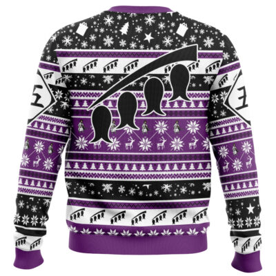 The Avatar Korra Avatar the Last Airbender Ugly Christmas Sweater features a purple, black, and white pattern with fish silhouettes, snowflakes, zigzags, tree shapes, and purple cuffs, collar, and hem.