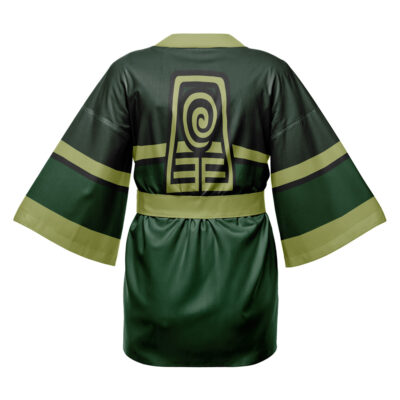 The Last Airbender Avatar the Last Airbender Happi Coat Haori Kimono features a dark green kimono style with wide sleeves, light green trim, a tan belt, and a gold Earth Kingdom symbol on the back, inspired by Avatar: The Last Airbender.