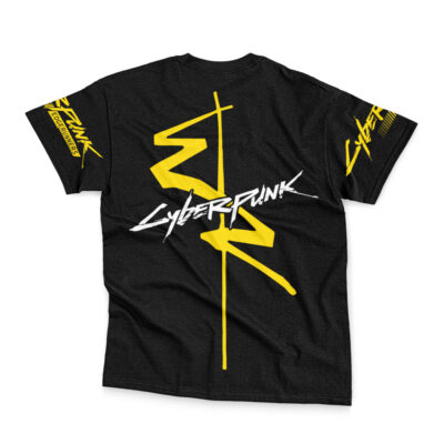 The Toshiro Hitsugaya Freeze Shatter Bleach Streetwear T-Shirt features bold yellow abstract graphics, vertical lines, and "Cyberpunk" in white stylized text across the back and sleeves.