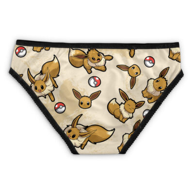 Charmander Pattern Pokemon Panties with black trim, featuring cute Charmander characters and red-and-white Poké Balls on beige fabric.