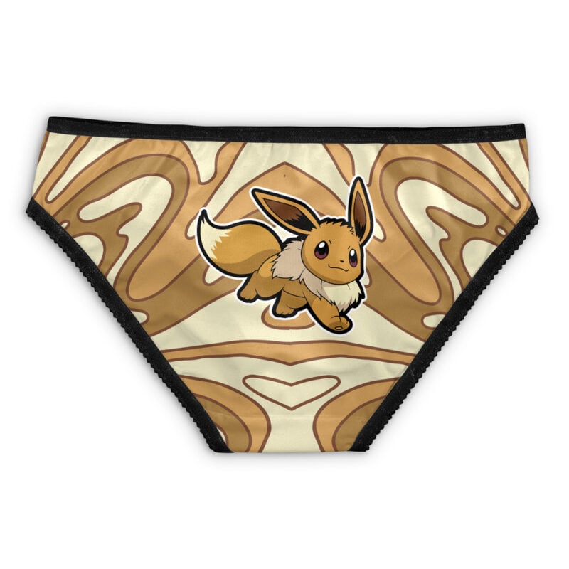 Panties with a black waistband and a beige and brown swirl pattern, featuring an illustration of Gengar, the spooky Pokémon, above a heart-shaped design.