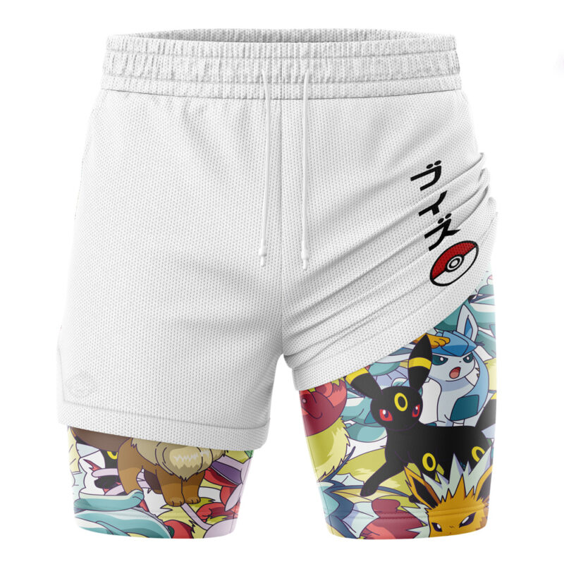 The Ash Ketchum Pokemon 2-in-1 Performance Shorts are white athletic shorts with Japanese text, a Poké Ball on one side, and vibrant illustrations of Eevee and its evolutions along the lower portion.