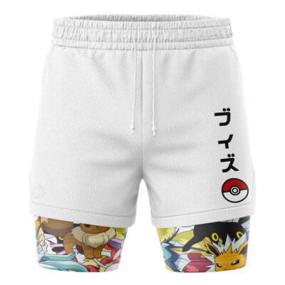 The Ash Ketchum Pokemon 2-in-1 Performance Shorts feature white athletic shorts with Japanese text and a Poké Ball design, plus fitted inner shorts showcasing colorful Pokémon including Eevee and its evolutions.