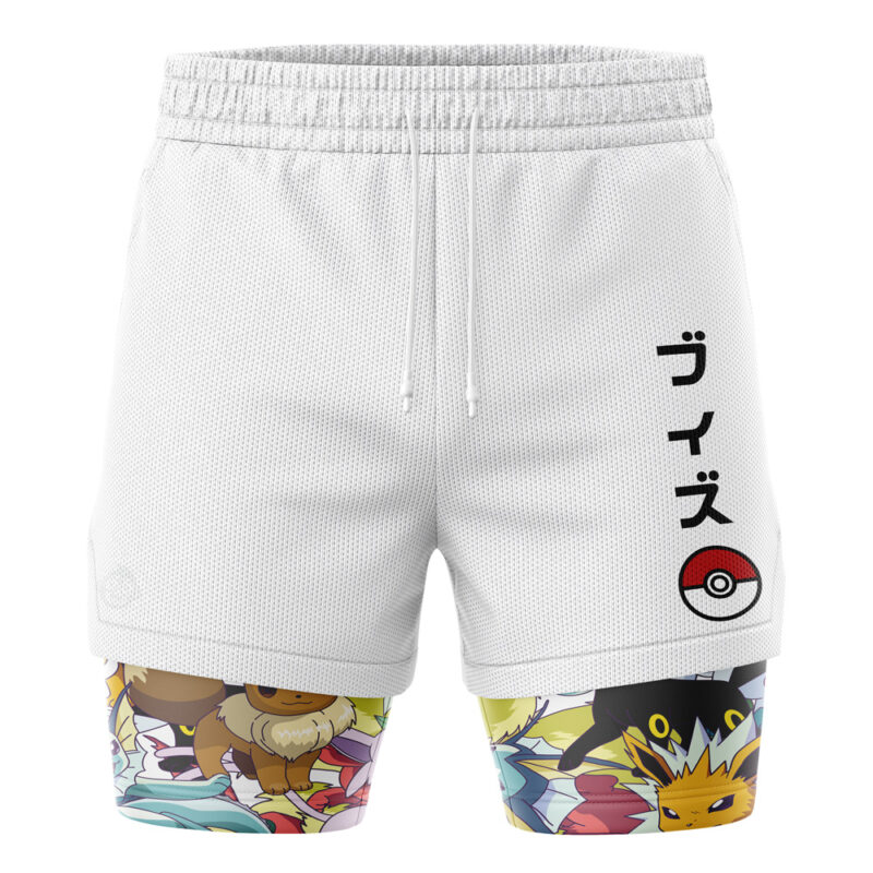 The Ash Ketchum Pokemon 2-in-1 Performance Shorts feature white athletic shorts with Japanese text and a Poké Ball design, plus fitted inner shorts showcasing colorful Pokémon including Eevee and its evolutions.