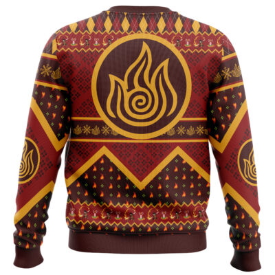 The Waterbender Avatar the Last Airbender Ugly Christmas Sweater showcases a vibrant red, orange, and yellow design with zigzags, geometric shapes, and a large stylized flame symbol on the back.