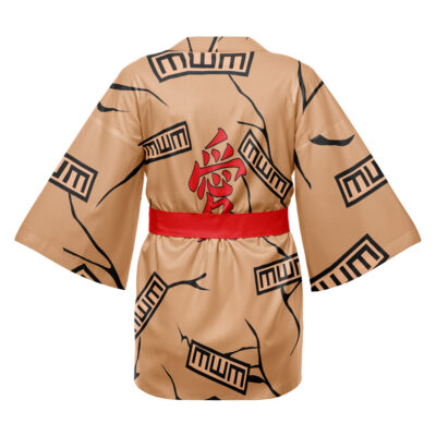 The 4th Hokage Shippuden Happi Coat Haori Kimono features a tan design with black crack patterns, black rectangular symbols, a bold red kanji on the back, and a vivid red belt at the waist.