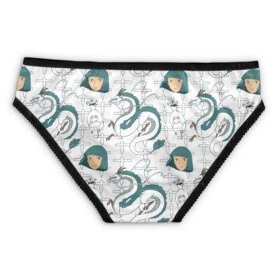 Howl’s Moving Castle Studio Ghibli Panties feature white fabric with illustrated faces of a girl, green dragons, swords, and fantasy creatures in fine lines. Black waistband and leg openings complete the design.