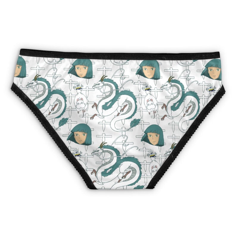 Howl’s Moving Castle Studio Ghibli Panties feature white fabric with illustrated faces of a girl, green dragons, swords, and fantasy creatures in fine lines. Black waistband and leg openings complete the design.