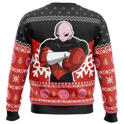 The Jiren Dragon Ball Z Ugly Christmas Sweater features the muscular, bald anime character with crossed arms, surrounded by red, black, and white snowflakes and holiday patterns.