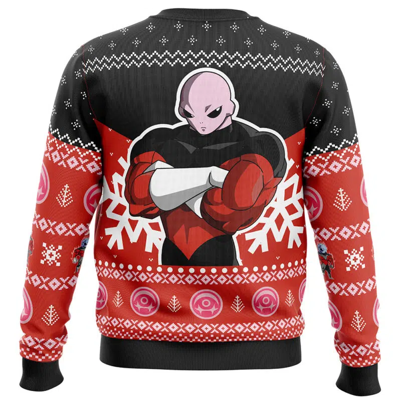 The Jiren Dragon Ball Z Ugly Christmas Sweater features the muscular, bald anime character with crossed arms, surrounded by red, black, and white snowflakes and holiday patterns.