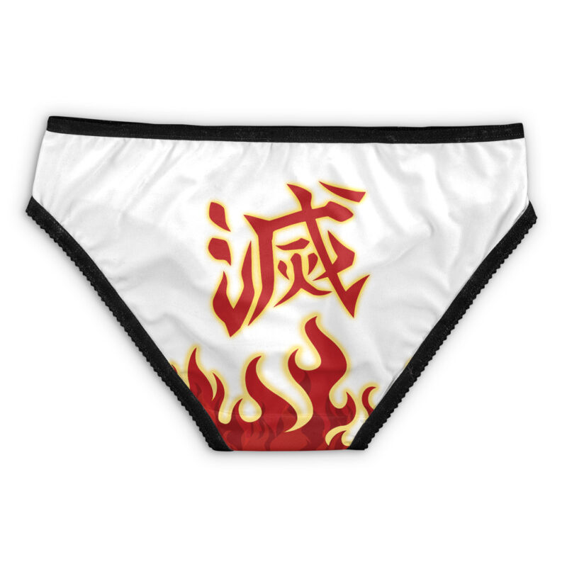 Akaza Demon Slayer Panties (Copy): White underwear with black trim, red and yellow flames at the bottom, and a bold red Chinese character above the flames in the center.