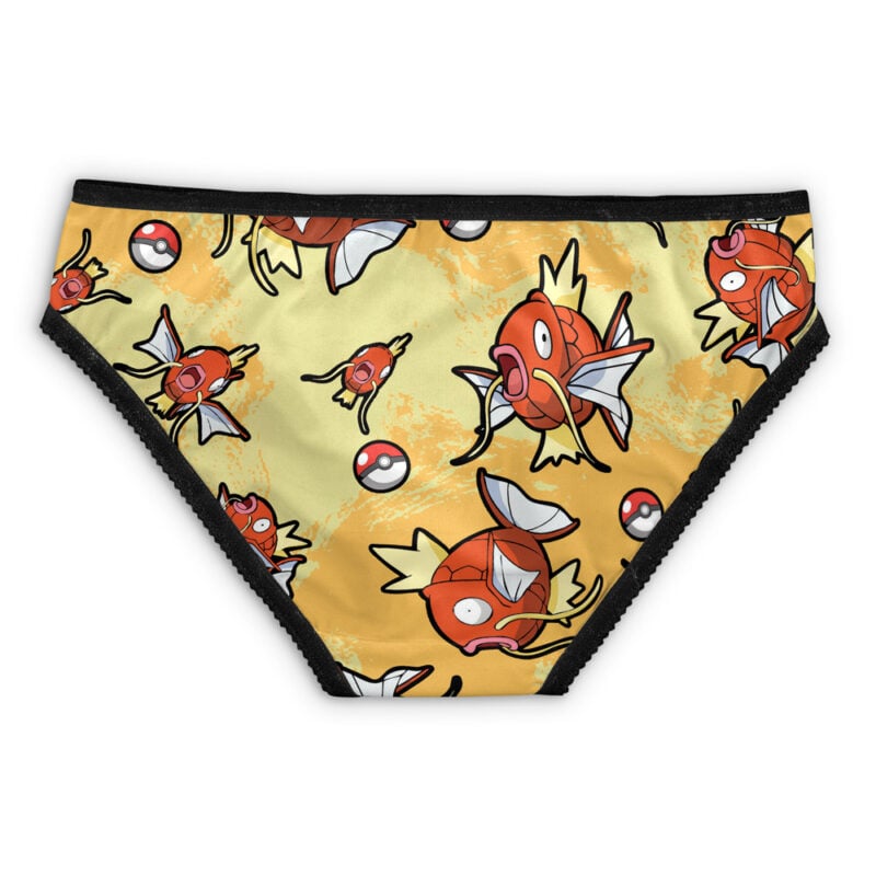 Lucario Pattern Pokemon Panties featuring a light yellow base, black waistband and trim, and a repeated cartoon Lucario and Poké Ball design.