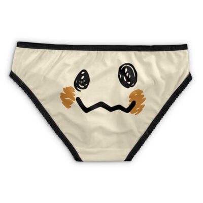 Mewtwo Face Pokemon Panties (Copy): Beige underwear with black trim, showcasing a playful hand-drawn Mewtwo face with black oval eyes, an expressive wavy mouth, and orange cheeks on the front.