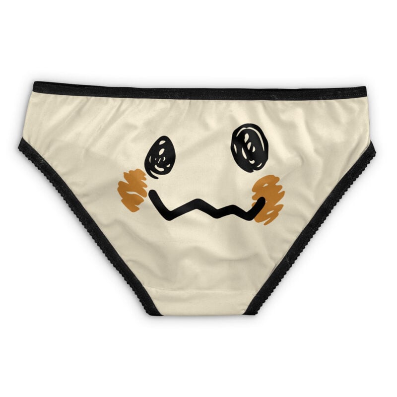 Mewtwo Face Pokemon Panties (Copy): Beige underwear with black trim, showcasing a playful hand-drawn Mewtwo face with black oval eyes, an expressive wavy mouth, and orange cheeks on the front.