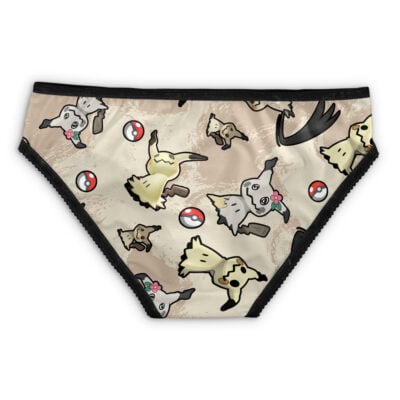 Beige Mewtwo Pattern Pokemon Panties with black trim, featuring cute cartoon ghost creatures, flowers, and red-and-white Poké Balls design scattered across the fabric.