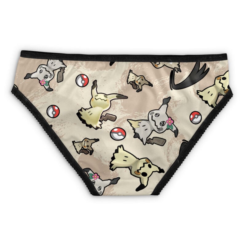 Beige Mewtwo Pattern Pokemon Panties with black trim, featuring cute cartoon ghost creatures, flowers, and red-and-white Poké Balls design scattered across the fabric.