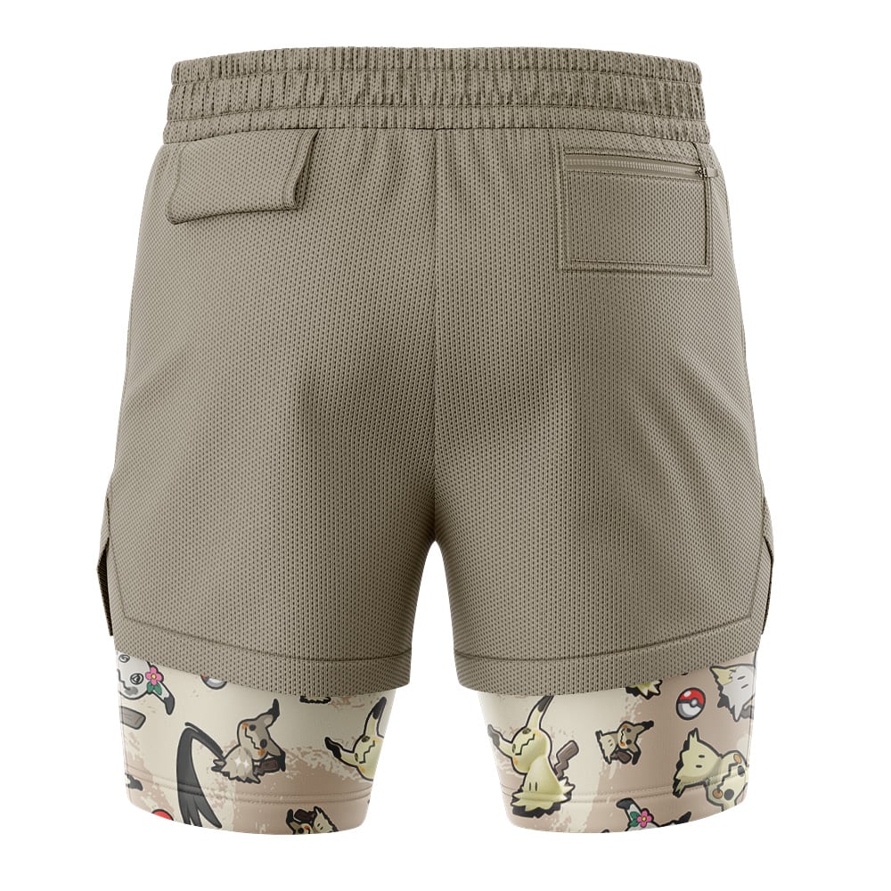 The Umbreon Trippy Pokemon 2-in-1 Performance Shorts are khaki athletic shorts with a mesh texture, pockets, and an elastic waistband. The inner layer features cartoon animals and Poké Balls in soft colors.