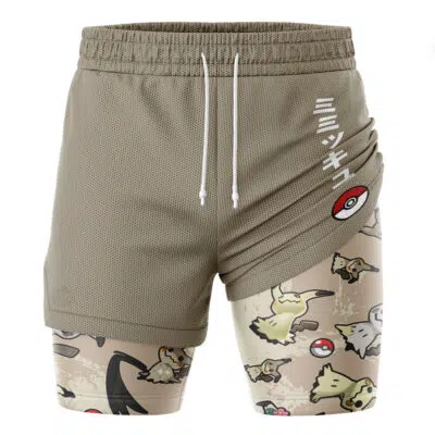 The Umbreon Trippy Pokemon 2-in-1 Performance Shorts feature tan fabric with white drawstrings, Japanese text, and a Pokéball on the side. The inner layer displays multiple Pokémon and Pokéballs on a beige background.