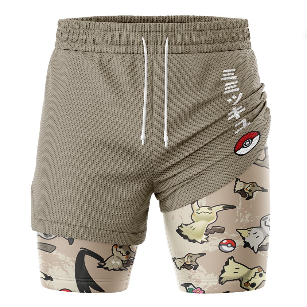 The Umbreon Trippy Pokemon 2-in-1 Performance Shorts feature tan fabric with white drawstrings, Japanese text, and a Pokéball on the side. The inner layer displays multiple Pokémon and Pokéballs on a beige background.